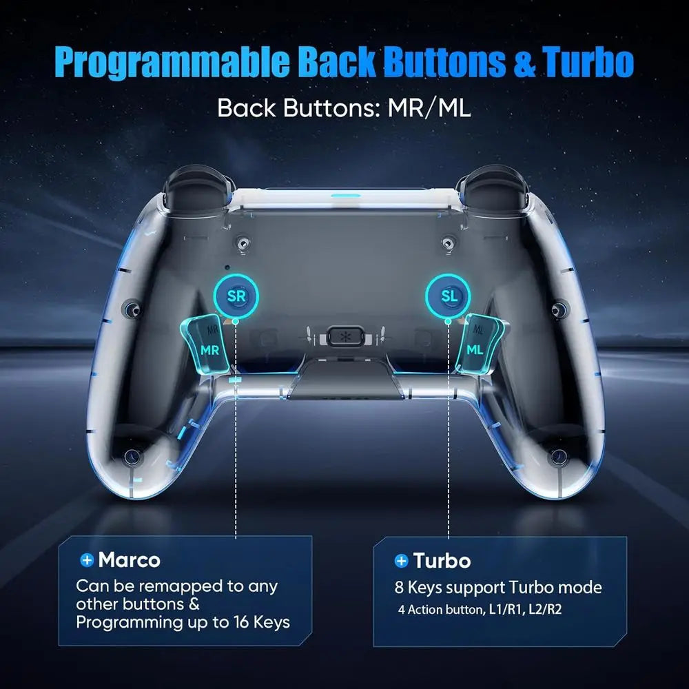 Wireless Controller for PS5, Pro/Slim, Steam Deck, PC with Hall Effect Stick, Dual Vibration, Macro/Turbo, 3.5mm Jack, 6-Axis, M