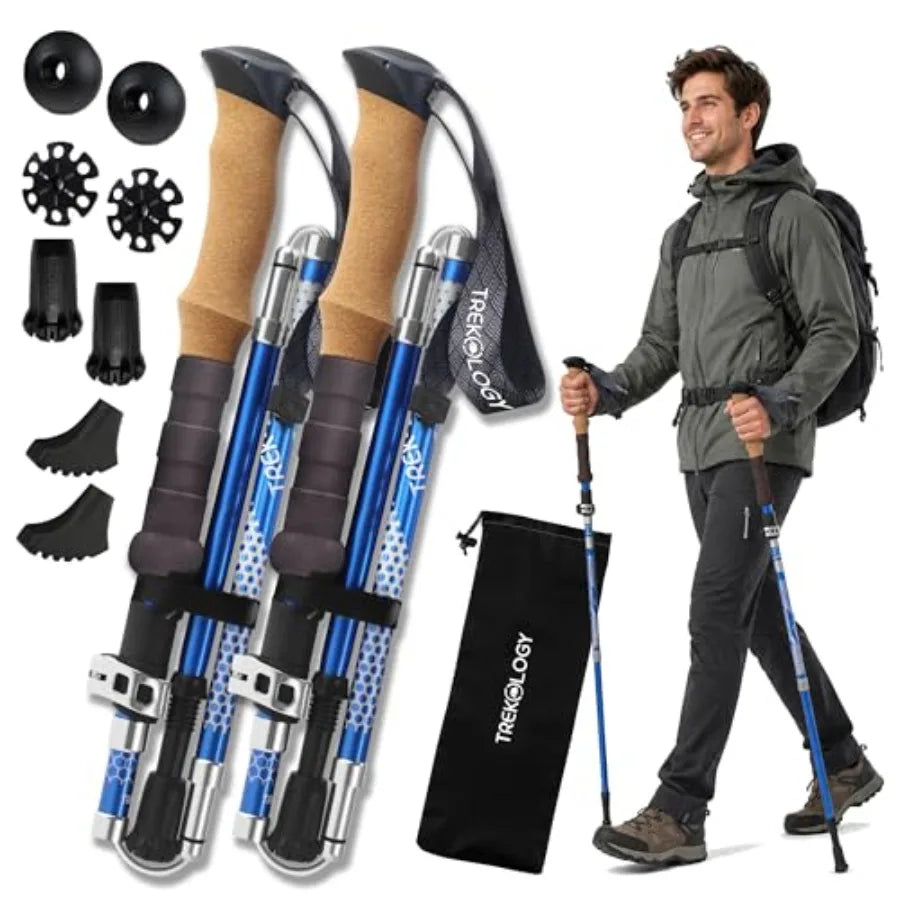 Trek-Z 2.0 Cork Trekking Pole Set - Hiking Poles Collapsible Lightweight Folding Walking Stick, 7075 Aluminum Collapsible Walki