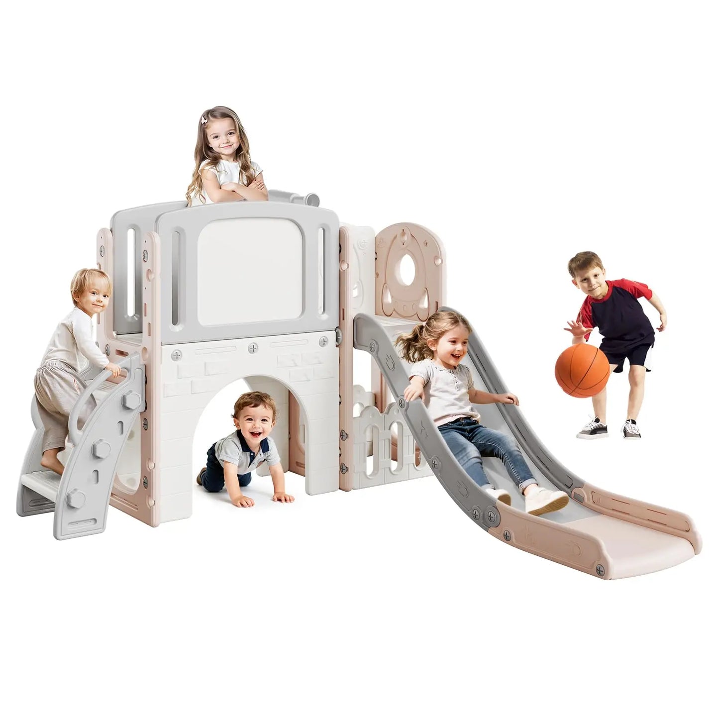 8-in-1 Toddler Slide Climber Playset Indoor Outdoor Playground Activity Center With Basketball Hoop Tunnel Storage Backyard