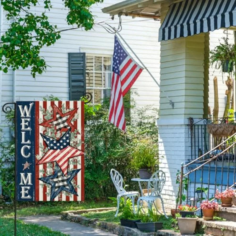 Welcome 4th of July Garden Flags Double Sided, Patriotic American Stars and Stripes Small Summer Decoration for Holiday Yard Me