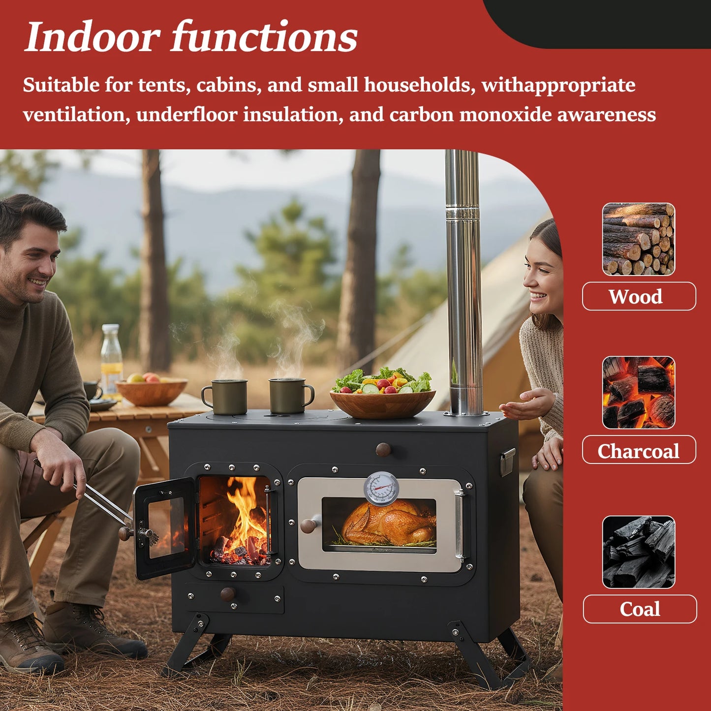 Hot Tent Stove with Chimney Pipe Folding Portable Wood Stove with Oven for Outdoor Heating & Cooking Ice Fishing Hunting