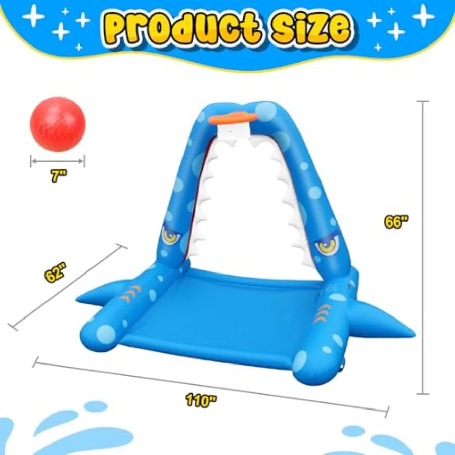 Sprinkler for Outdoor Play, Giant Inflatable Shark Water Toys Splash Pad with Basketball Hoop, Fun Sprinkler Summer Outdoor Gam