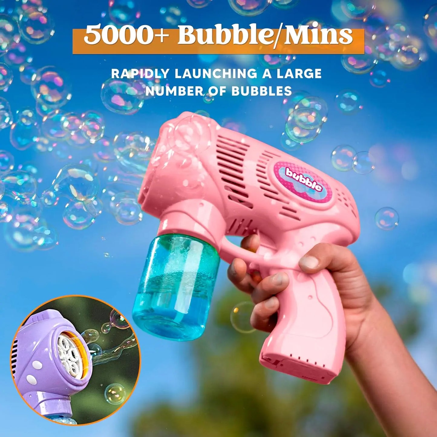 JOYFY 2 Bubble Guns with 2 Bottles Refill Solution Bubble Machine Gun for Kids Summer Party Outdoors Activity Birthday Gift