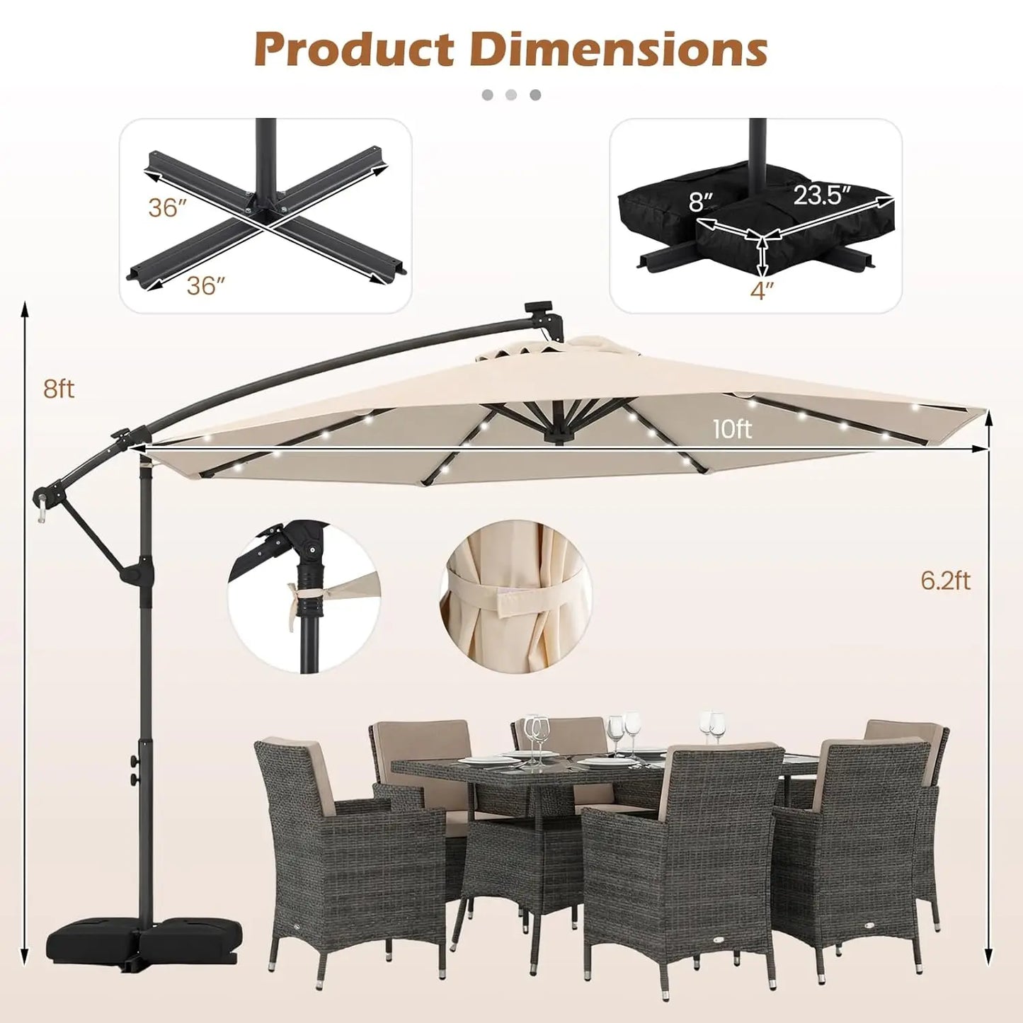 10ft Solar Patio Umbrella with Base Included, Offset Cantilever Outdoor Umbrella with 32 LED Lights, Infinite Tilt,  Customized