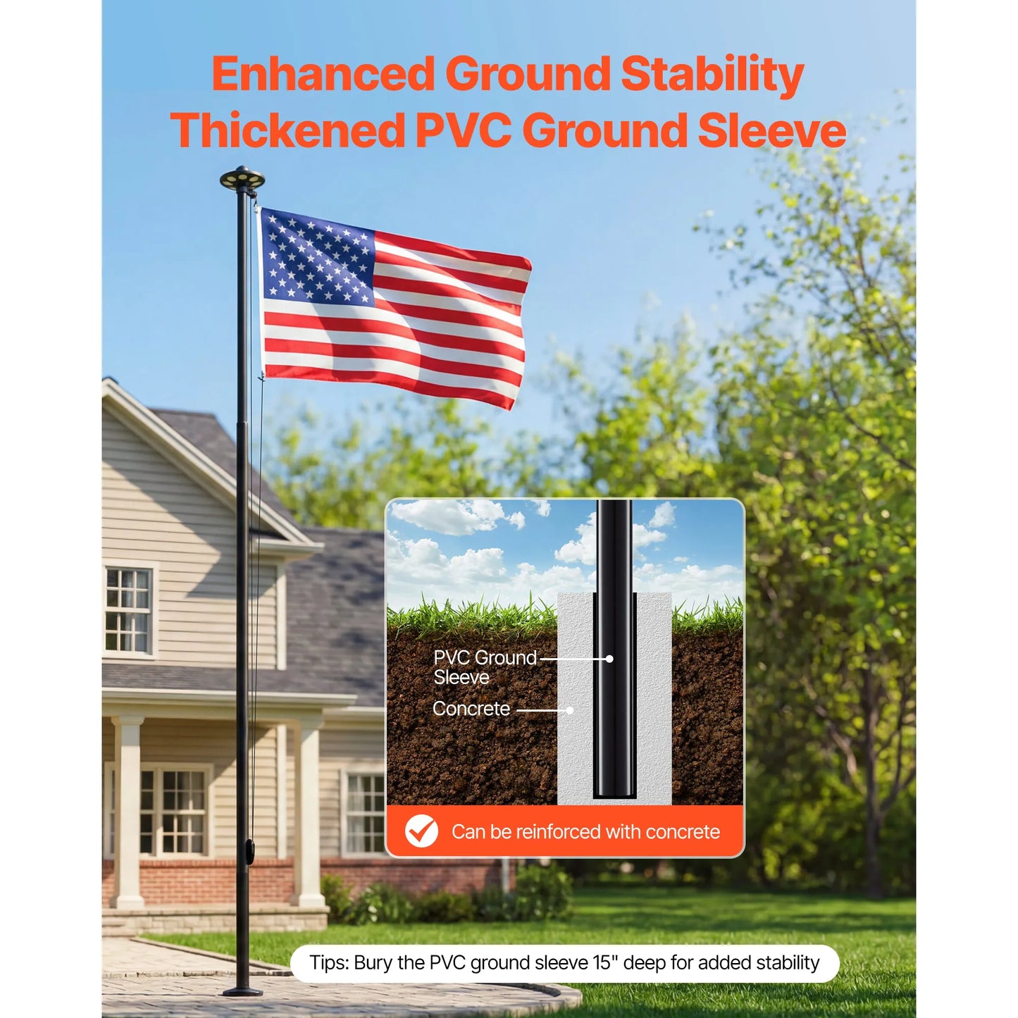 SucceBuy 20ft/25ft Flag Pole with 136 LED Solar Light for Outside House In Ground with 3x5 American Flag for Residential Black