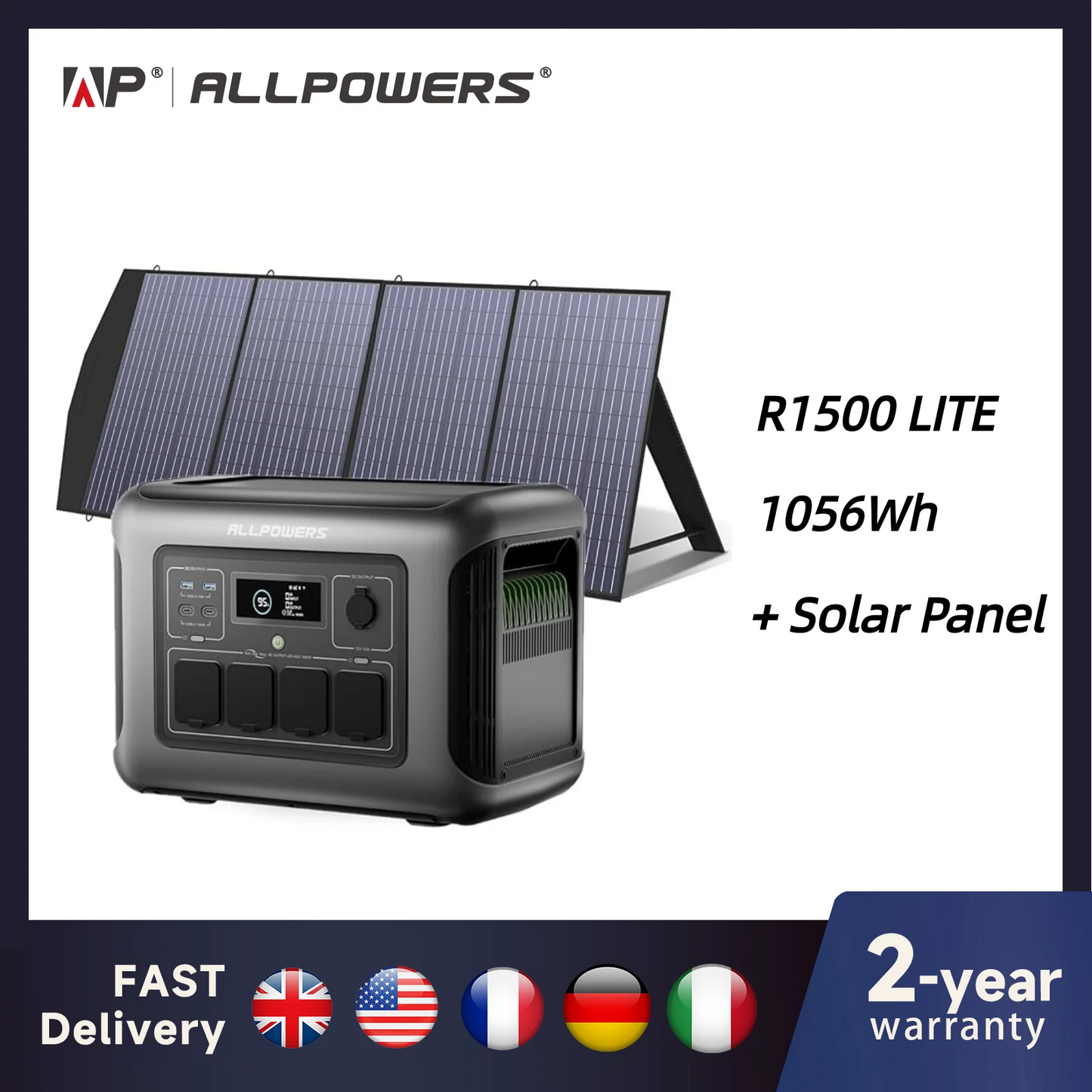 ALLPOWERS R1500 LITE Portable Power Station with Solar Panel 100W 200W 1056Wh LiFePO4 Battery Solar Generator for Outdoor RV
