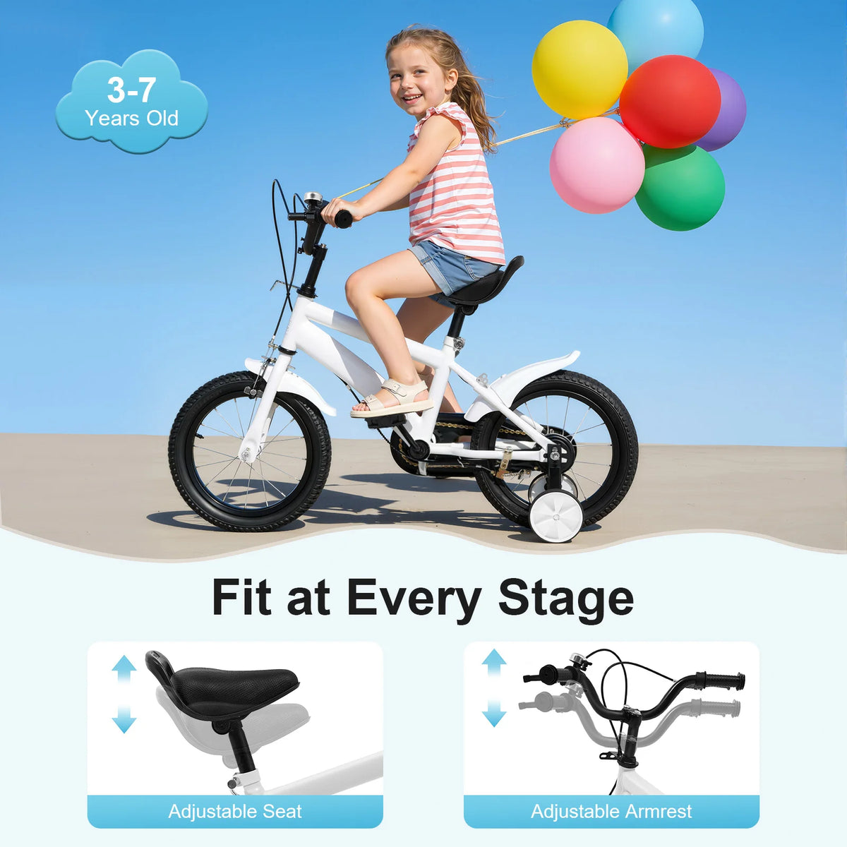 14 Inch Kids Bike w/ Training Wheels, Adjustable Seat Height Dual Brakes Children's Bicycle Kids Learning Bicycle for Boys Girls
