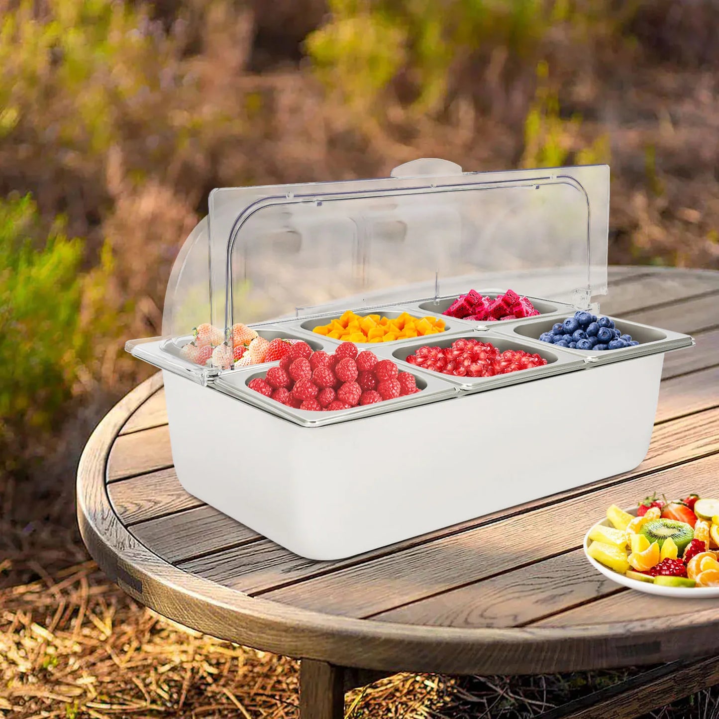 6-grid Stainless Steel Food Display Stand with Lid, Detachable Buffet Serving Plates for Restaurant Cafeteria Kitchen Countertop