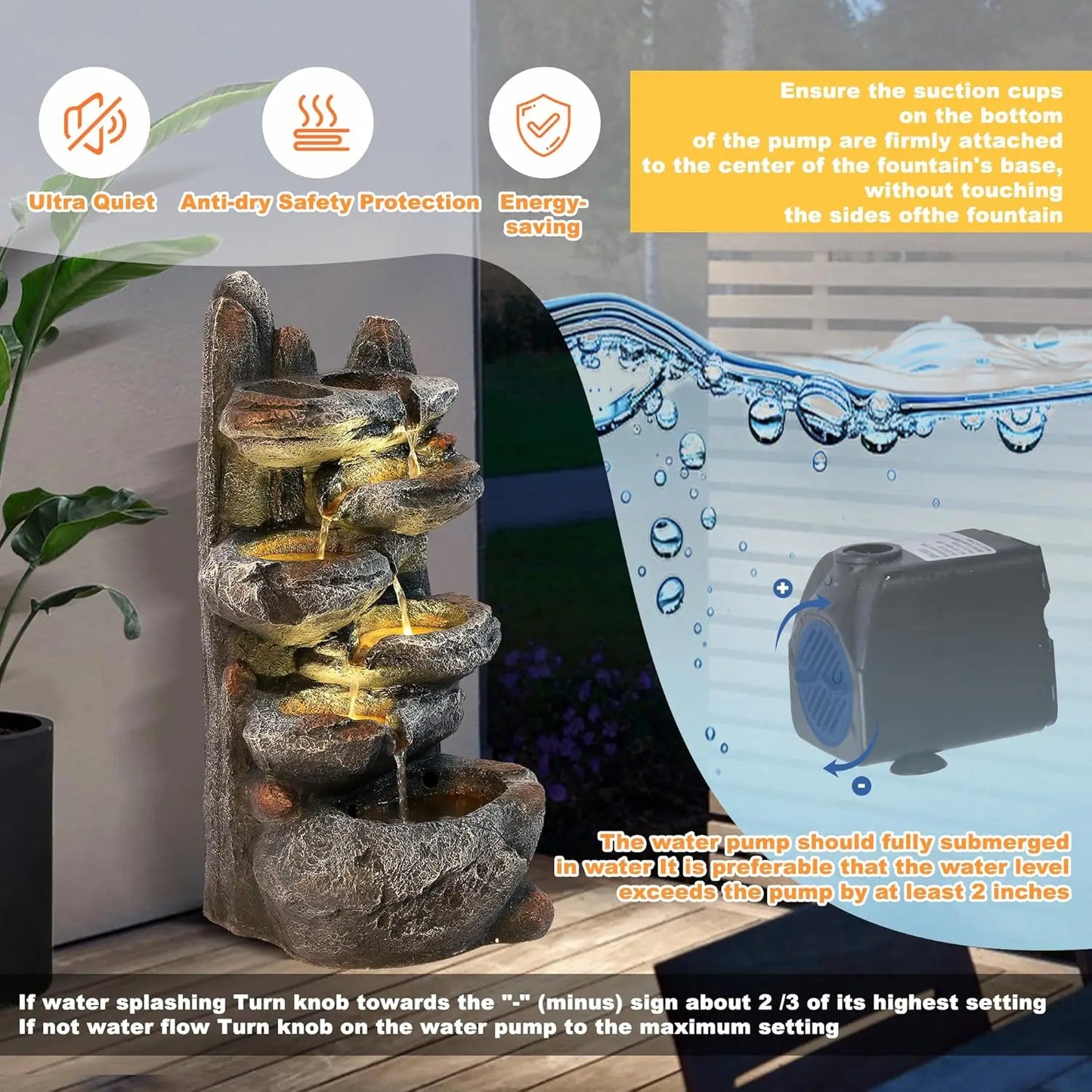 6-Tier Cascading Rock Water Fountain, 27" H Outdoor Freestanding Rockery Fountain with LED Light and Pump