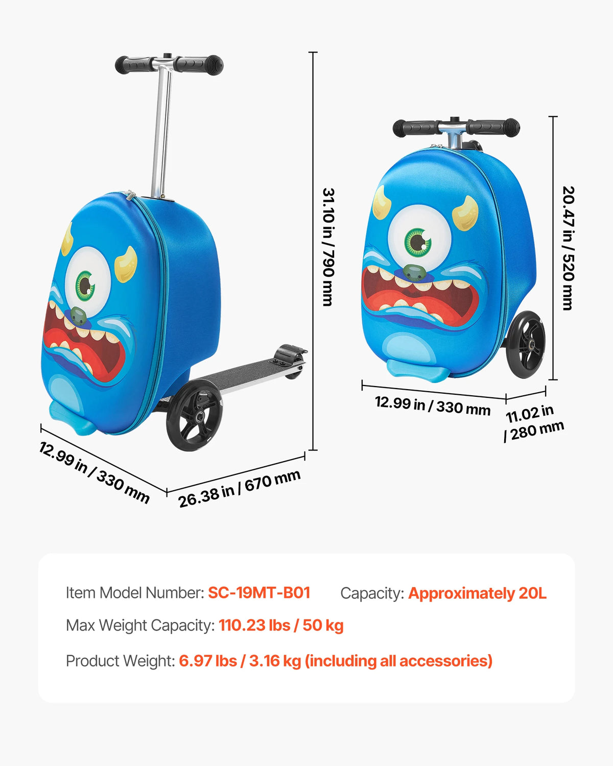 SucceBuy 20in Ride-on Luggage 20L Kids Scooter Suitcase with Flash PU Wheels & Adjustable Handle Foldable Luggage for Children