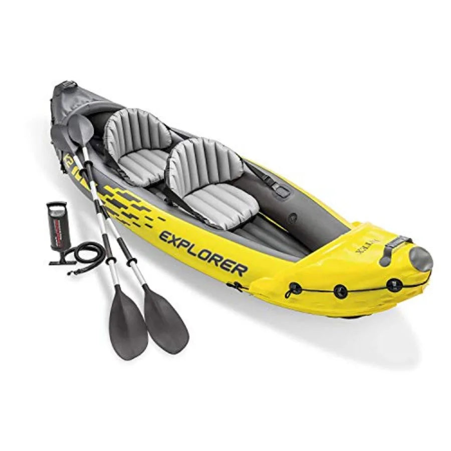 2 Person Inflatable Kayak Set with Air Pump in Yellow for Outdoor Water Sports Durable PVC Material Compact and Easy to Carry