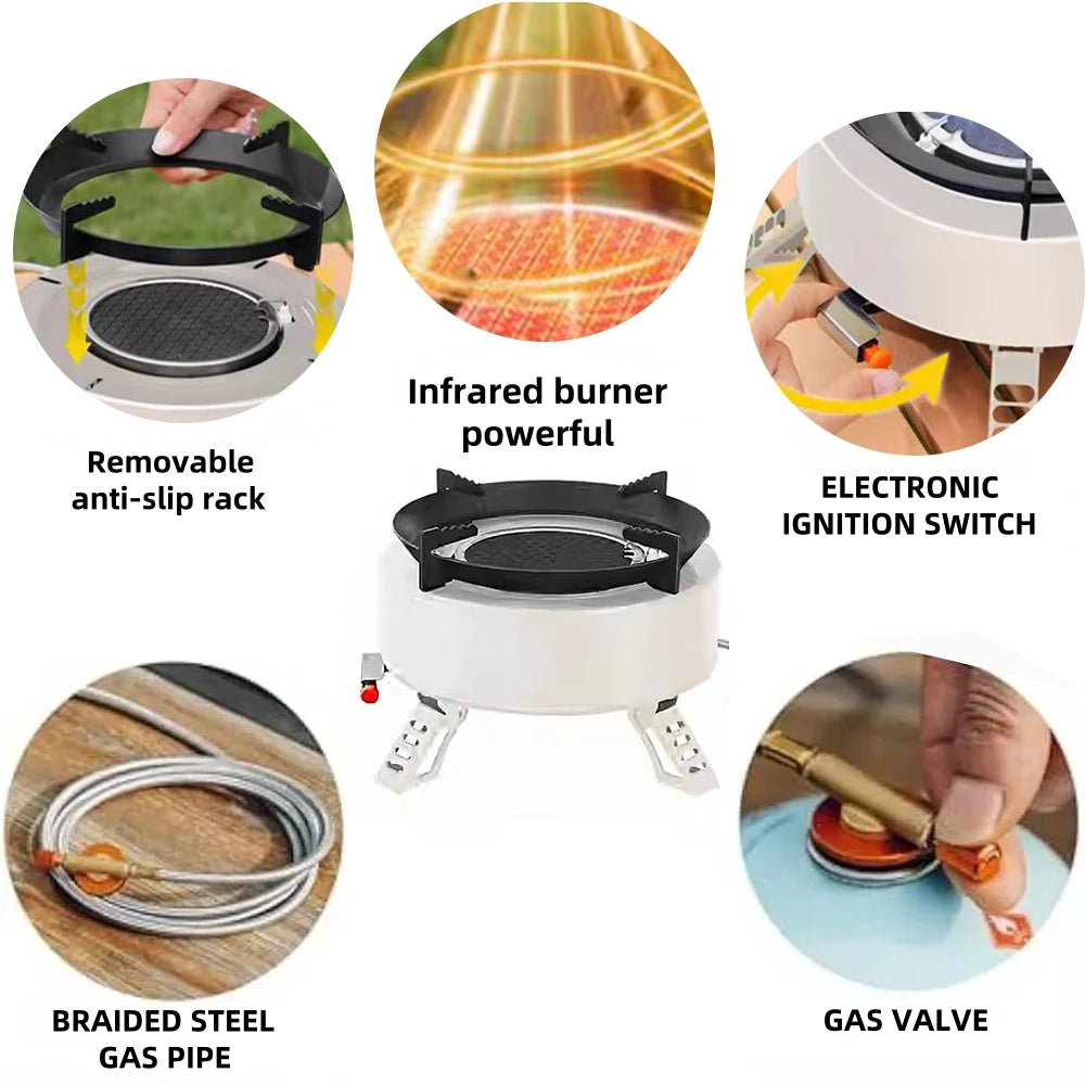 Portable outdoor burner cooking stove, camping backpack stove, with fuel canister adapter and piezoelectric igniter.