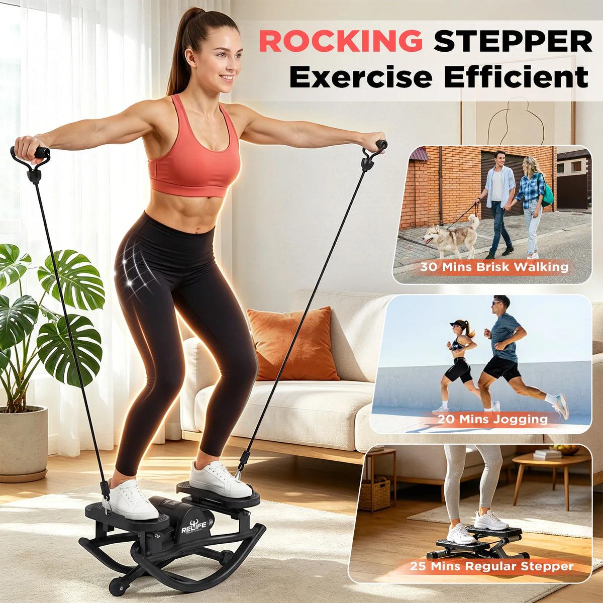 Relife 3D Lateral Rocking Stepper with Resistance Bands, Low-Impact Full-Body Workout Machine, 330LB Capacity Joint-Friendly Home Fitness Equipment with LCD Monitor, Compact Quiet Stepper for Hips, Legs & Core Training