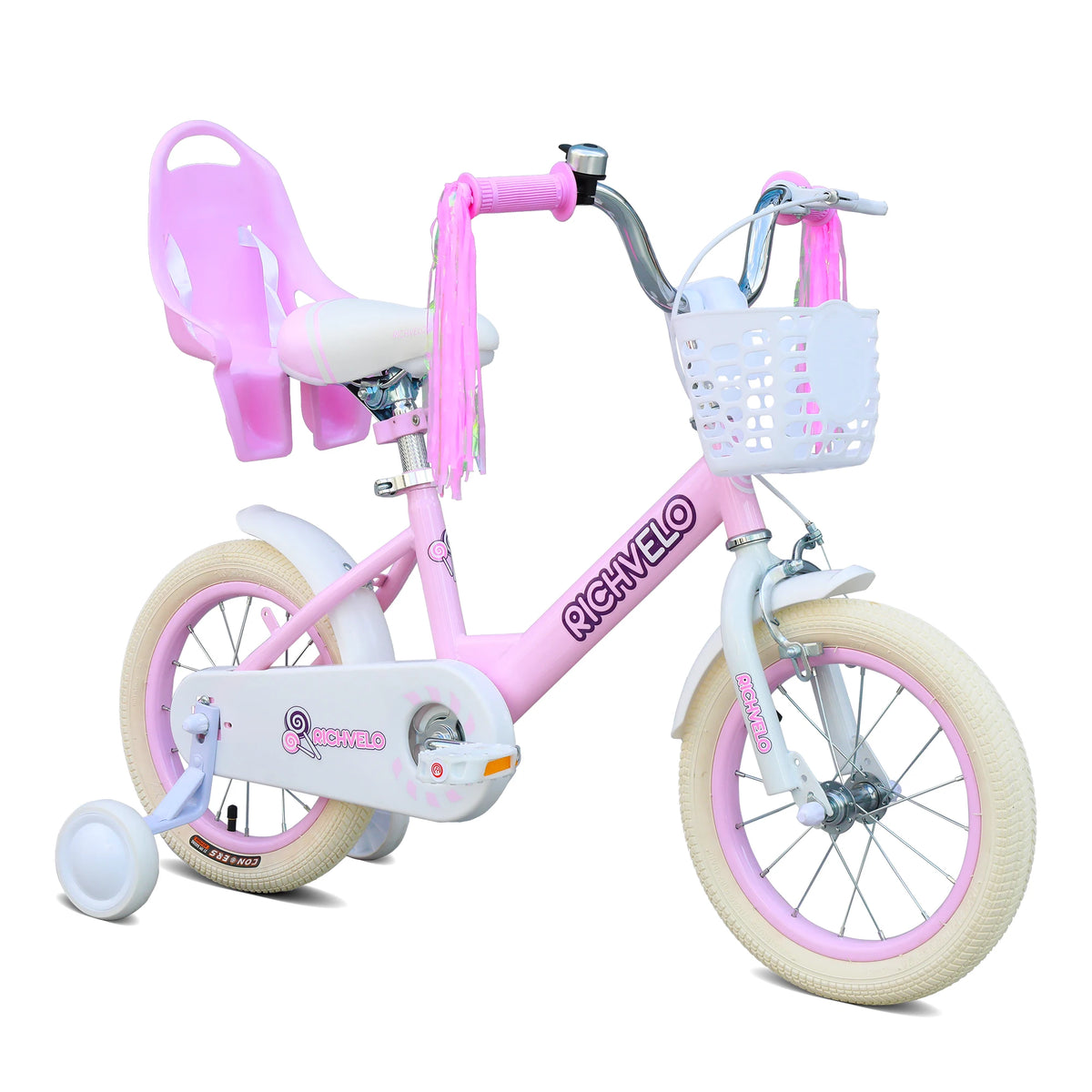 Ye A1202 Kids Bike for Girls 12/14/16 Inch, with Training Wheels, Adjustable Seat, Front Basket, Doll Seat & Colorful Streamers, Toddler Bicycle for 2 - 7 Years Old, Pink Birthday Gift