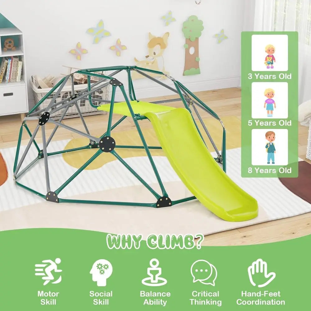 Kids Climbing Dome with Slide, 8FT Kids Jungle Gym Monkey Bar Climbing Toys for Outdoor, 2 in 1 Indoor Geometric Dome Cl