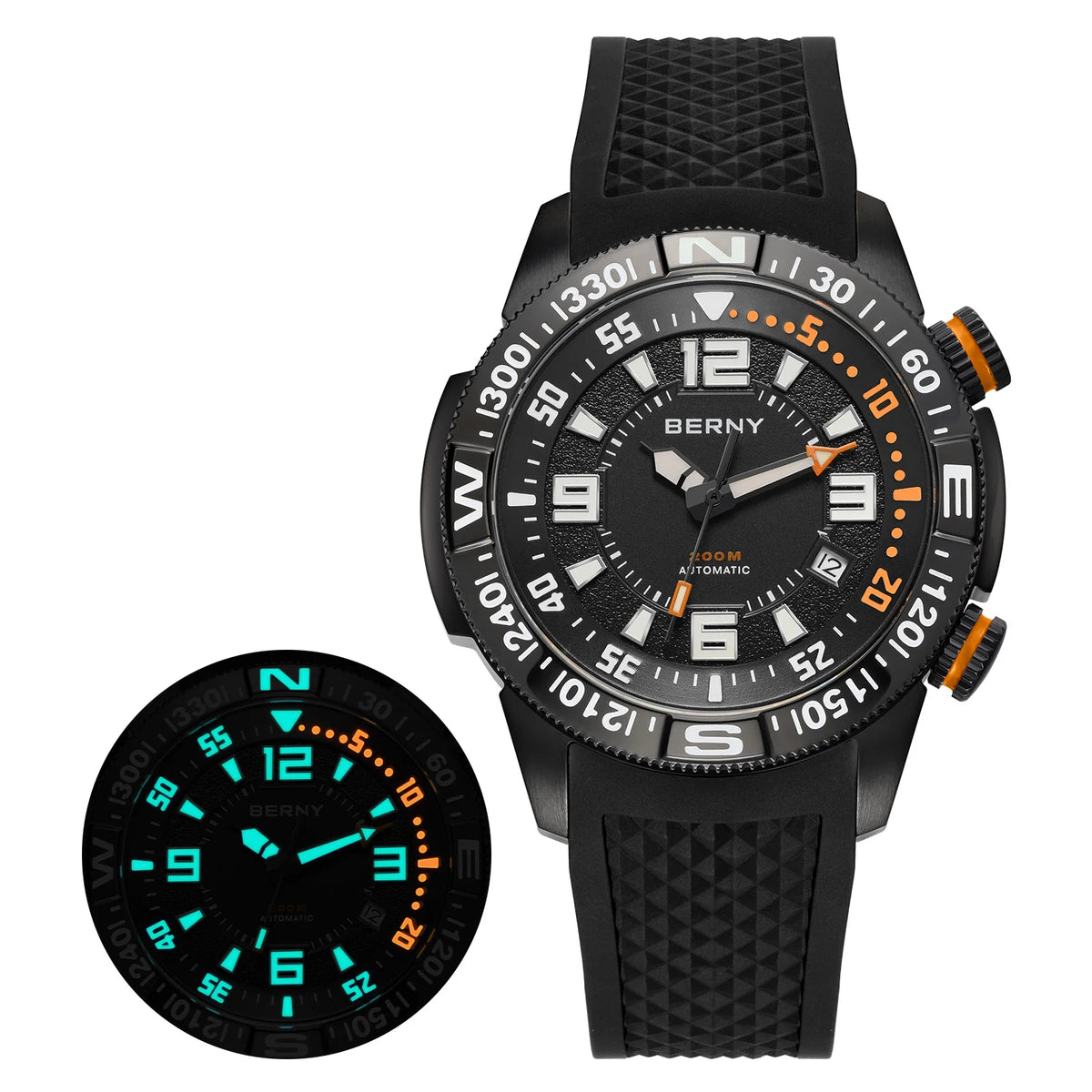 BERNY Automatic Diving Watches for Men 20ATM Super Luminous Mechanical Men's Diver Watch Full S/S Sapphire Swim Dive Wristwatch
