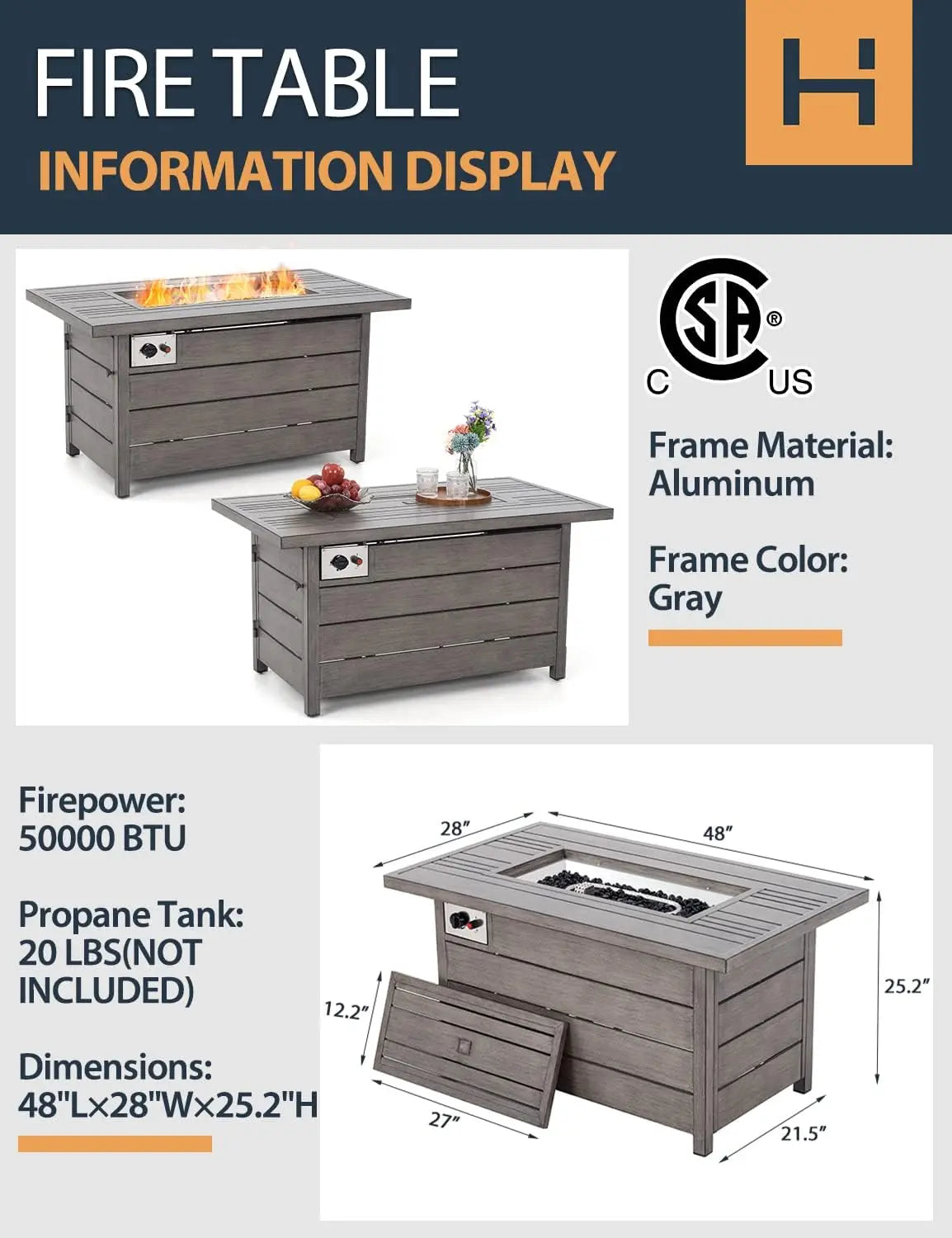 48inch 50000 BTU Gas Fire Pit with Aluminum Slats Table Top, Lid, Black Glass Rock, Aluminum Fire Table,CSA Safety Certified