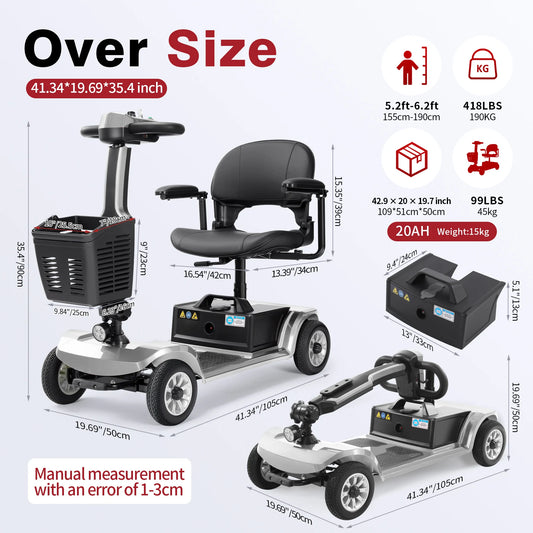 Unificare Silver 12Ah Foldable 4 Wheel Mobility Scooter Carbon Steel Frame with Electromagnetic Brake for Seniors and Adults