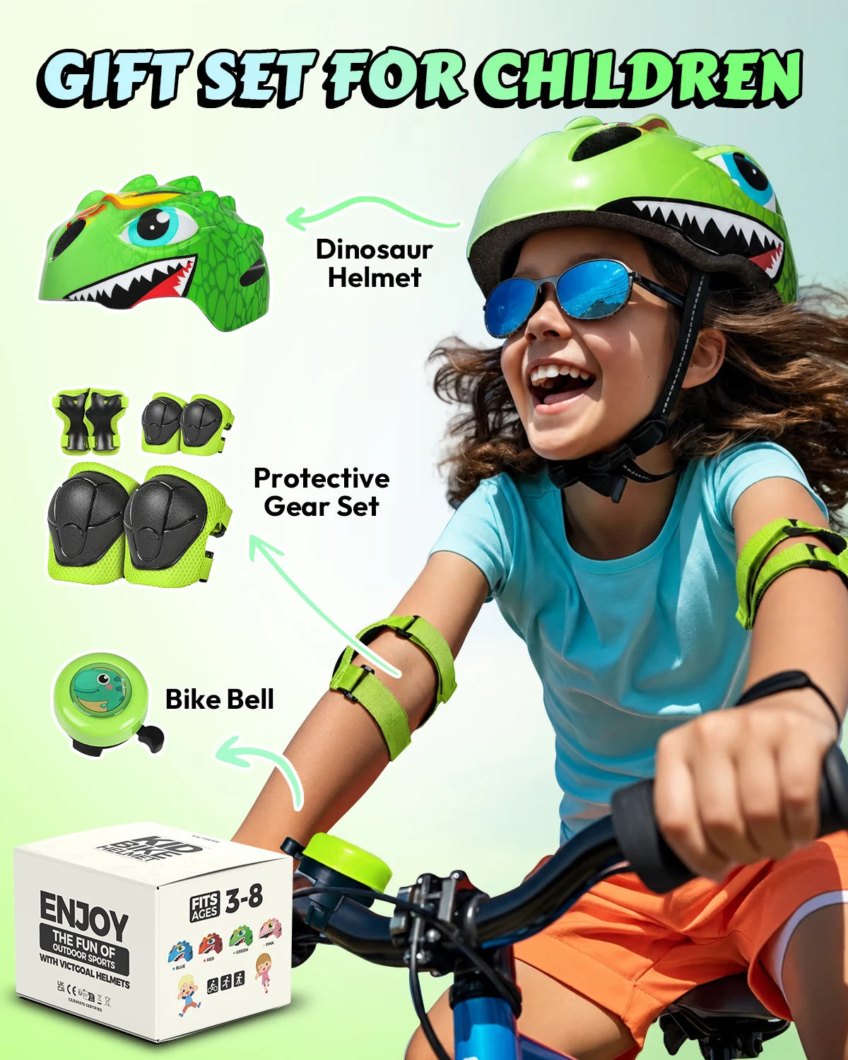 VICTGOAL Kids Bike Helmets Bicycle Bell Children Knee Elbow Pads Wirst Guards Cycling Protective Gear for Balance Bike Skating Scooter