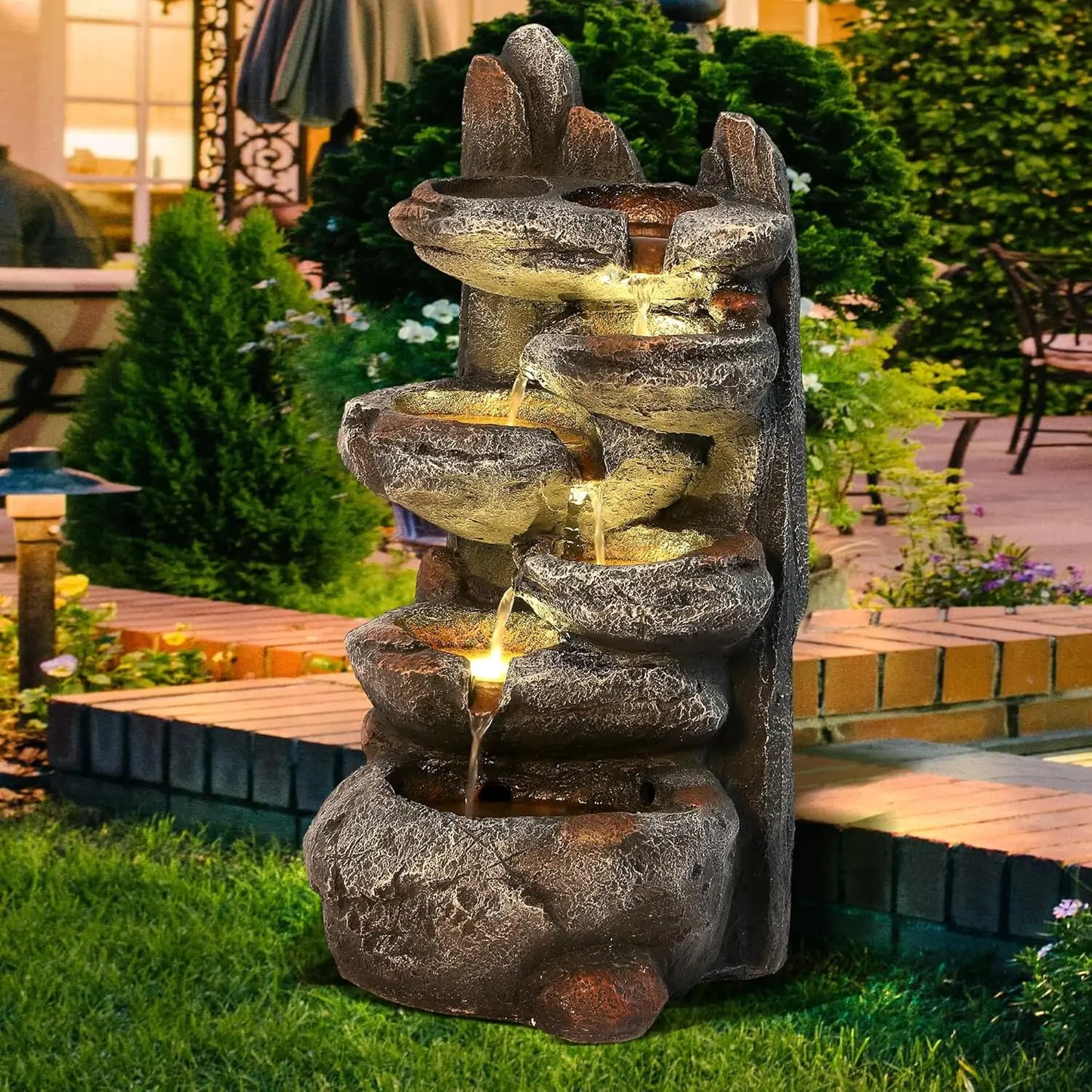 6-Tier Cascading Rock Water Fountain, 27" H Outdoor Freestanding Rockery Fountain with LED Light and Pump