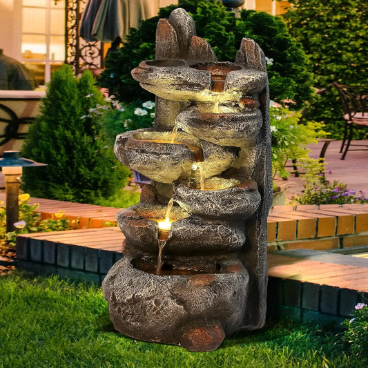 6-Tier Cascading Rock Water Fountain, 27" H Outdoor Freestanding Rockery Fountain with LED Light and Pump