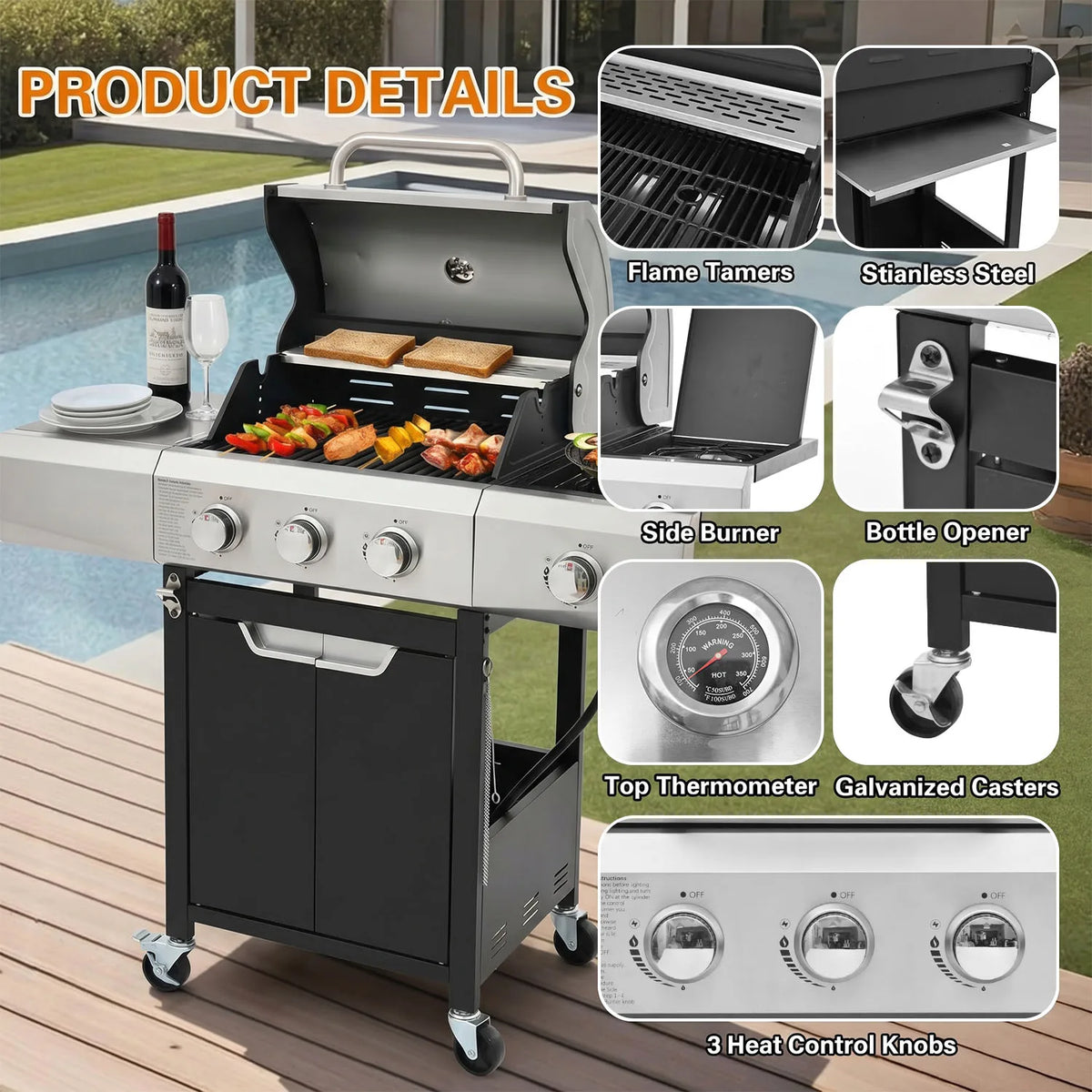 3-Burner BBQ Grill with Side Burner, 40,500 BTU Stainless Steel Propane Grill, Including Thermometer Wheels, Gas Grill for Garden Cooking and Family Gatherings