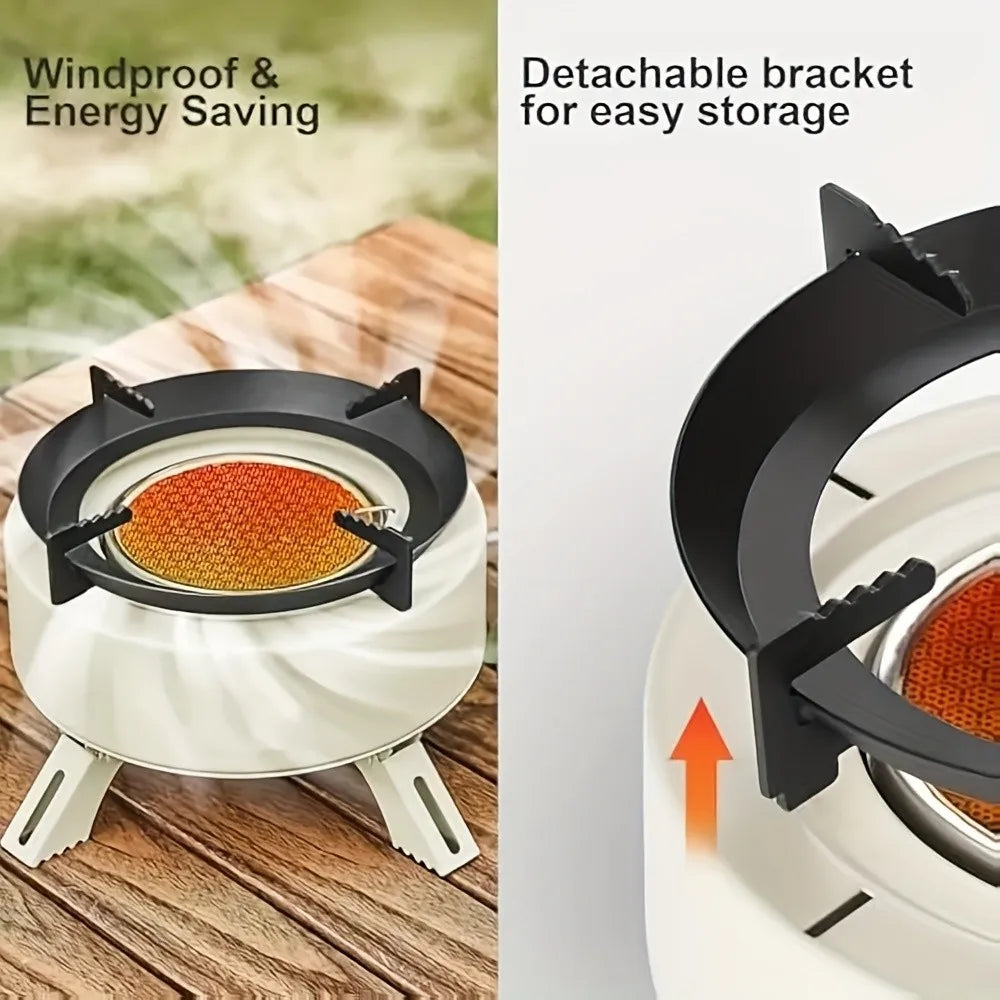 Portable outdoor burner cooking stove, camping backpack stove, with fuel canister adapter and piezoelectric igniter.