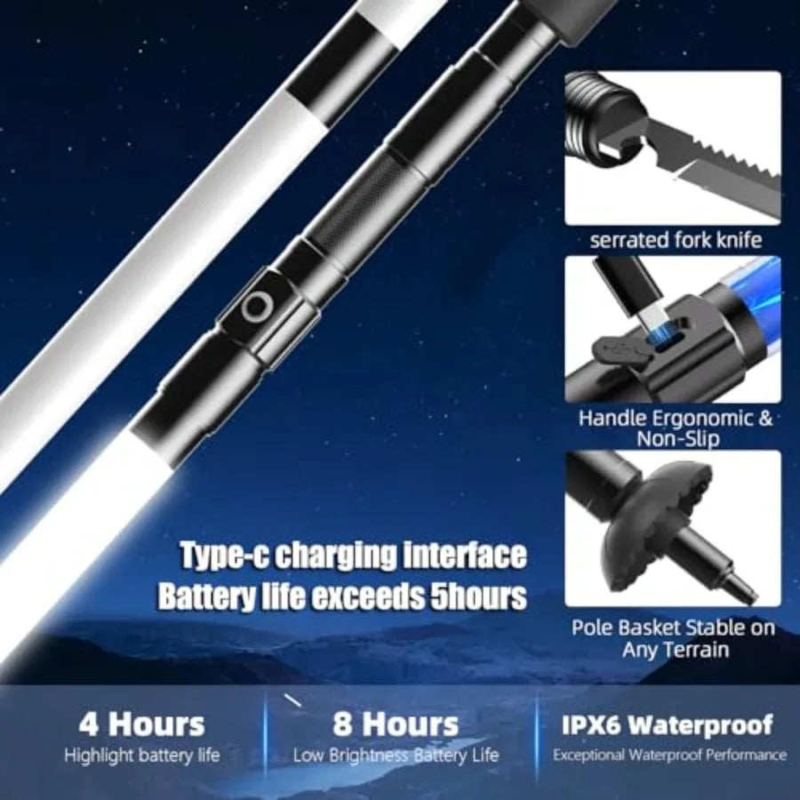 12-in-1 LED Walking Stick with Light, 7-Section Adjustable Hiking Pole Up to 48in, Collapsible Trekking Pole for Camping Night