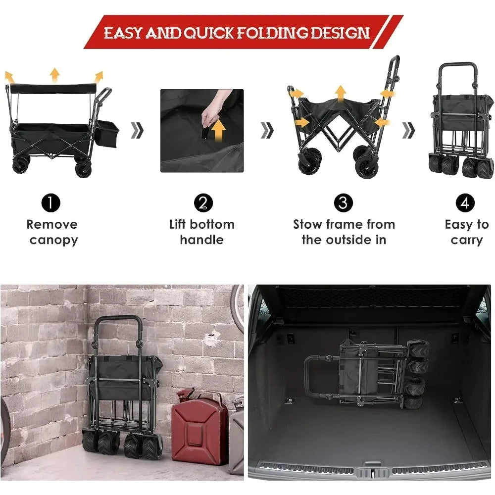 Large Collapsible Wagon w/Removable Canopy Foldable Garden Cart W/ Big Wheel&Adjustable Handles