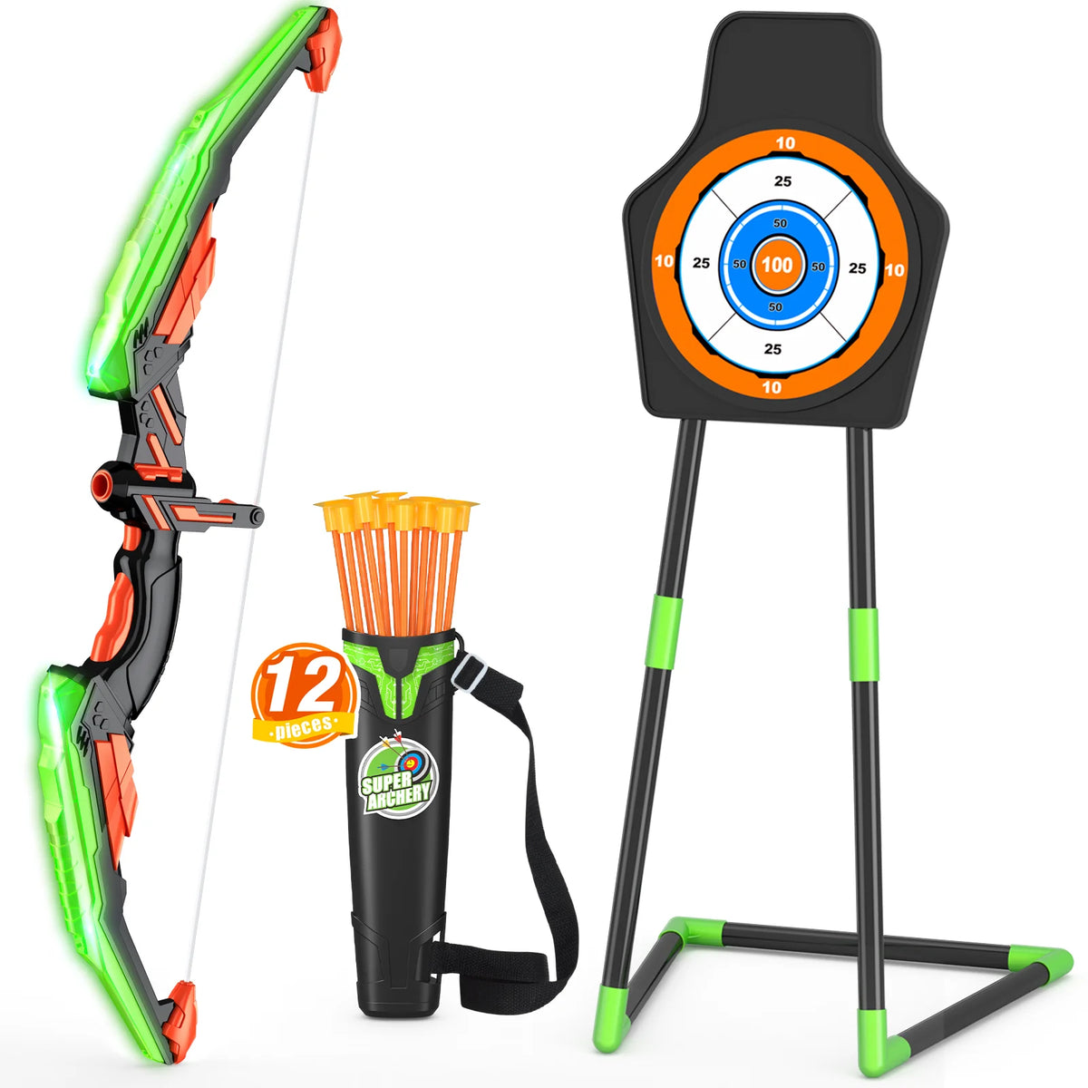 Bow and Arrow Set for Kids with LED Lights-Archery Set with 12 Suction Cup Arrows, Quivers & Standing Target, Outdoor Toys for Kids Boys & Girls Ages 3-12 Years Old