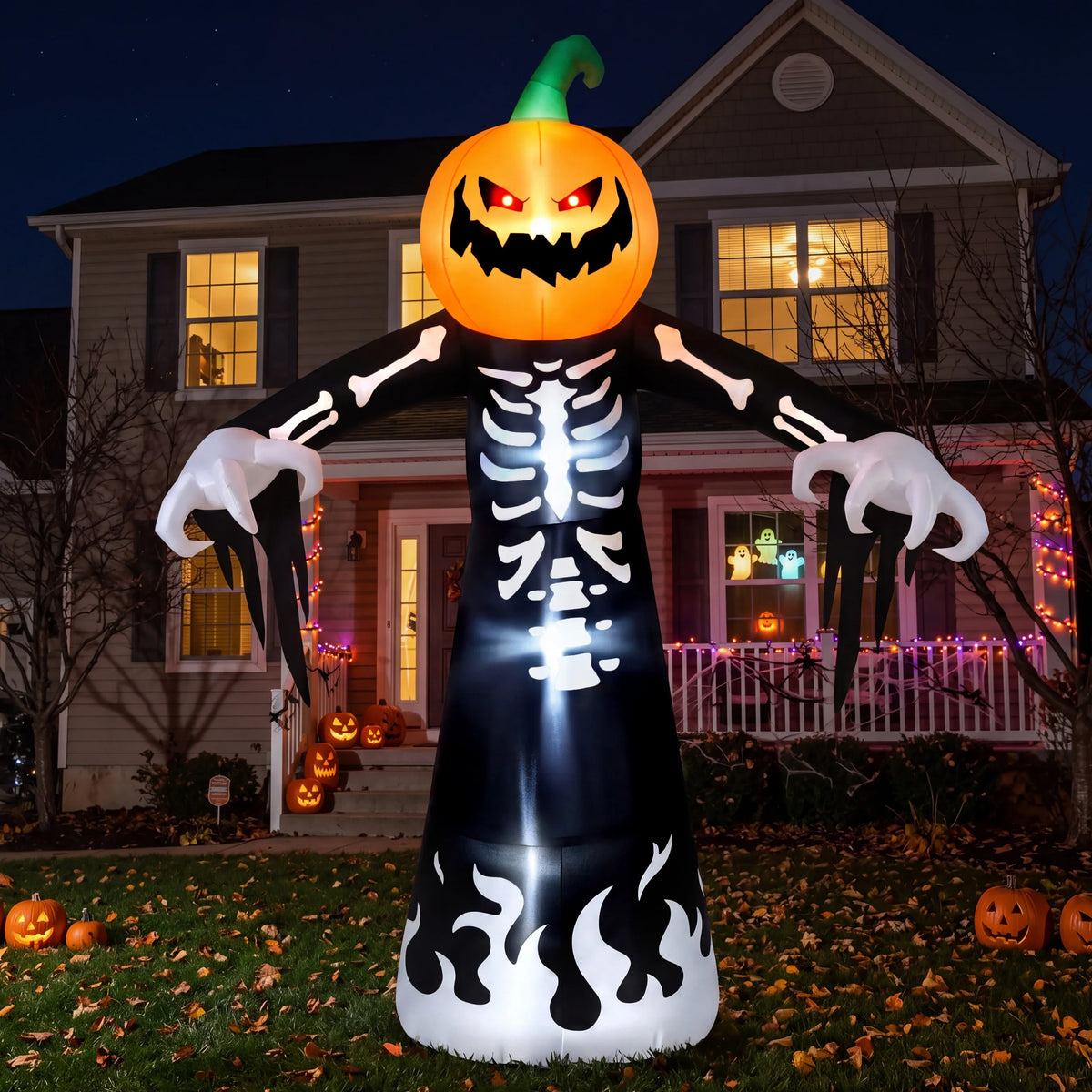 Joyfy 9 ft Halloween Inflatables Pumpkin Skeleton Decorations with Built-in LED Lights,Large Blow Up Decoration for Yard Lawn Garden Indoor Outdoor, Pumpkin Skeleton Inflatable Decoration