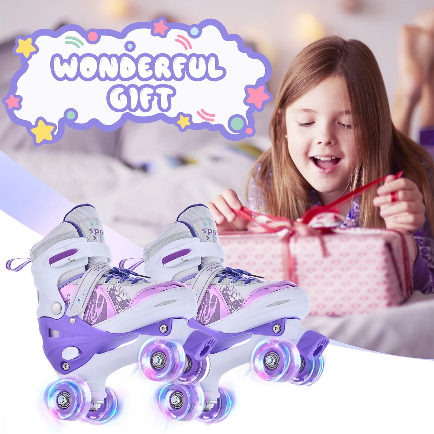 Portable Roller Skates for Kids 4 Size for Children Different Ages Adjustable Light Up LED Luminous Wheels Girls Roller Skates