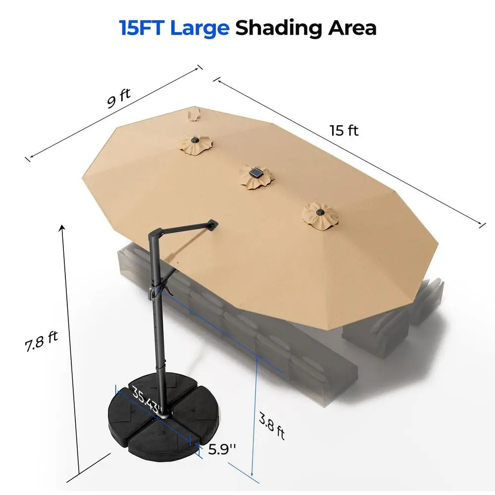 15FT Cantilever DoubleSided Umbrella with Solar Light and Base, Rectangle Oversized Offset Patio Umbrellas, Extra Large Outdoor