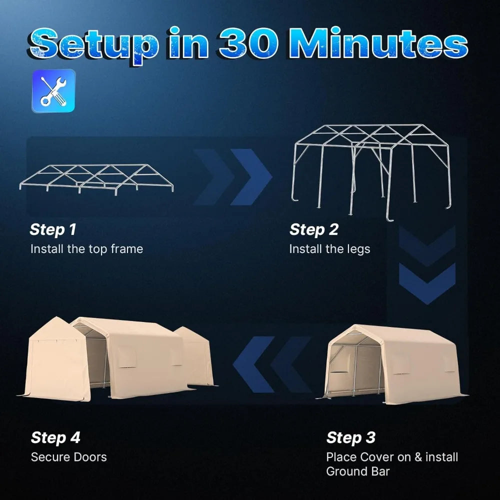 10x15 ft Shelter Storage Shed Steel Metal Peak Roof Portable Garage Carports for Motorcycle, Boat or Garden Tools, Customized