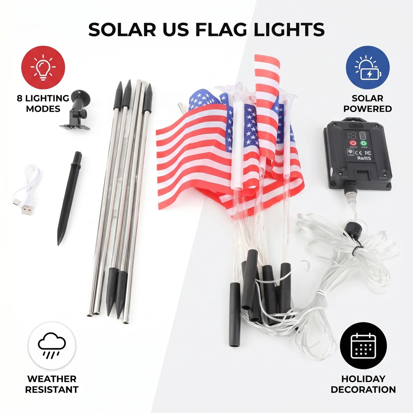 Solar US Flag Lights Red White Blue 8 Modes Independence Day Decor Solar Flag Lights American Flag Lights