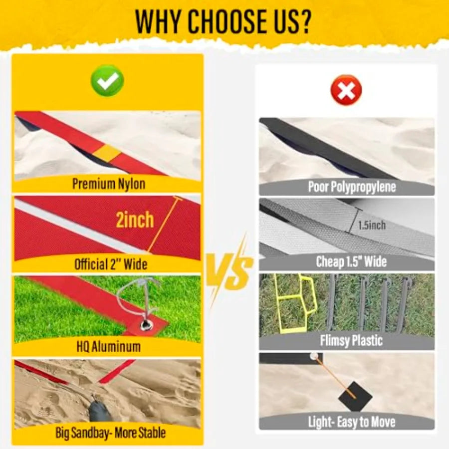 Professional Beach Volleyball Lines for Sand 2" Nylon Ultra-Visible Marking Weather-Enduring with Metal Anchors and Sandbags St