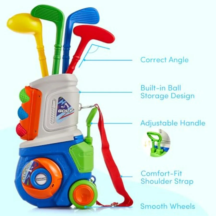 Toddler Golf Set, Plastic Golf Clubs Ages 1 2 3 4 5 Years Old with 4 Golf Clubs and 10 Balls, Indoor and Outdoor Golf Toys Cart