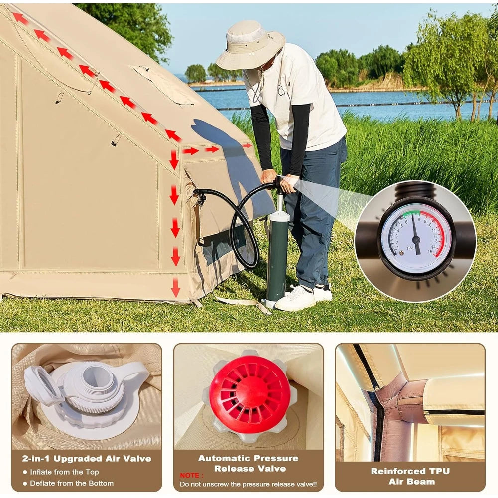 Inflatable Camping Tent with Hand Pump, Easy Setup Waterproof Oxford 4 Season Air Tent for 4/6/8/10/12 Person Glamping