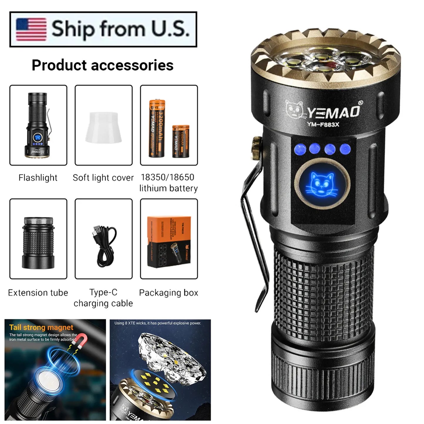 YEMAO Rechargeable EDC Flashlight,500LM Dual Light Sources Mini Torch with Red Light Sensor Headlamp Portable Pocket Flashlights