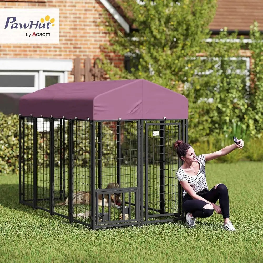 Outdoor Dog Kennel with Roo, 8' x 4' x 6' Heavy Duty Welded Wire Dog Playpen Enclosure with Ese-Proo Lock, Adjustable Bowls, UV-