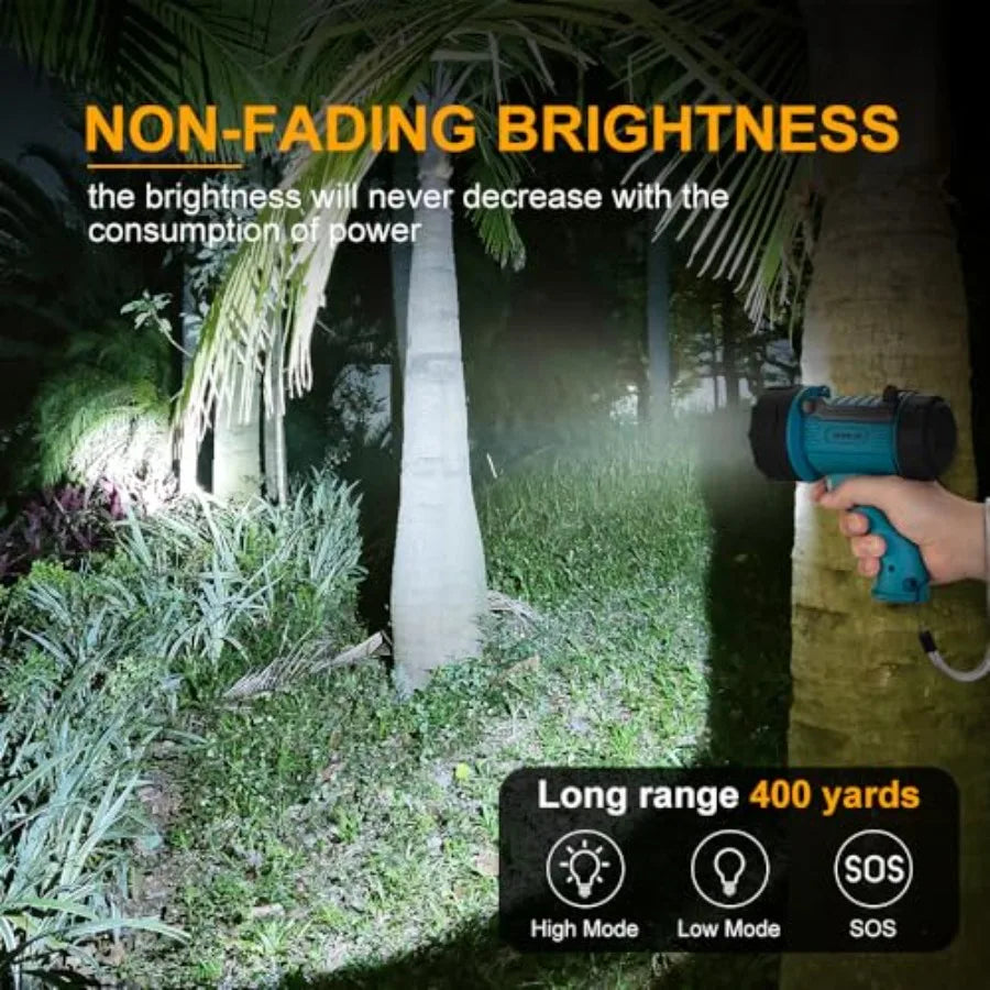 Rechargeable Spotlight Flashlight IP67 Waterproof with 1000, 000 Lumen LED, 12 Hours Long Running Spot Light, Impact Resistant