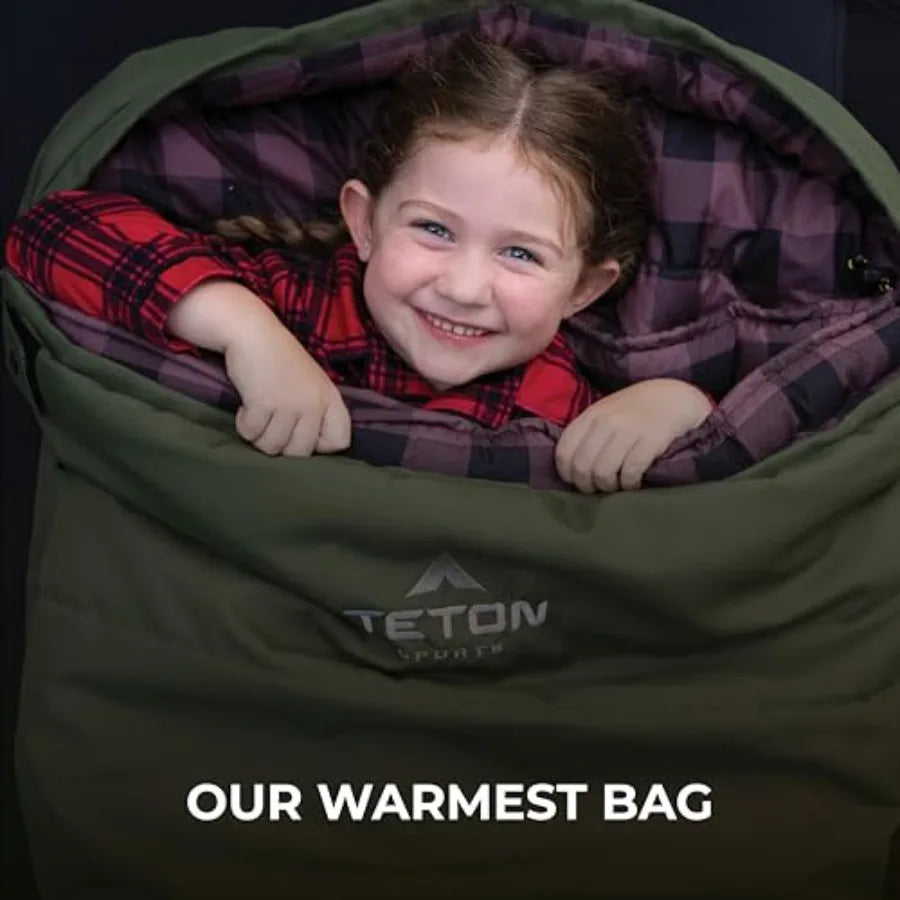 Teton Junior 20 Degree and 0 Degree Sleeping Bags for Lightweight Polyester Warm Colors Ideal for All Camping Weather Durable C