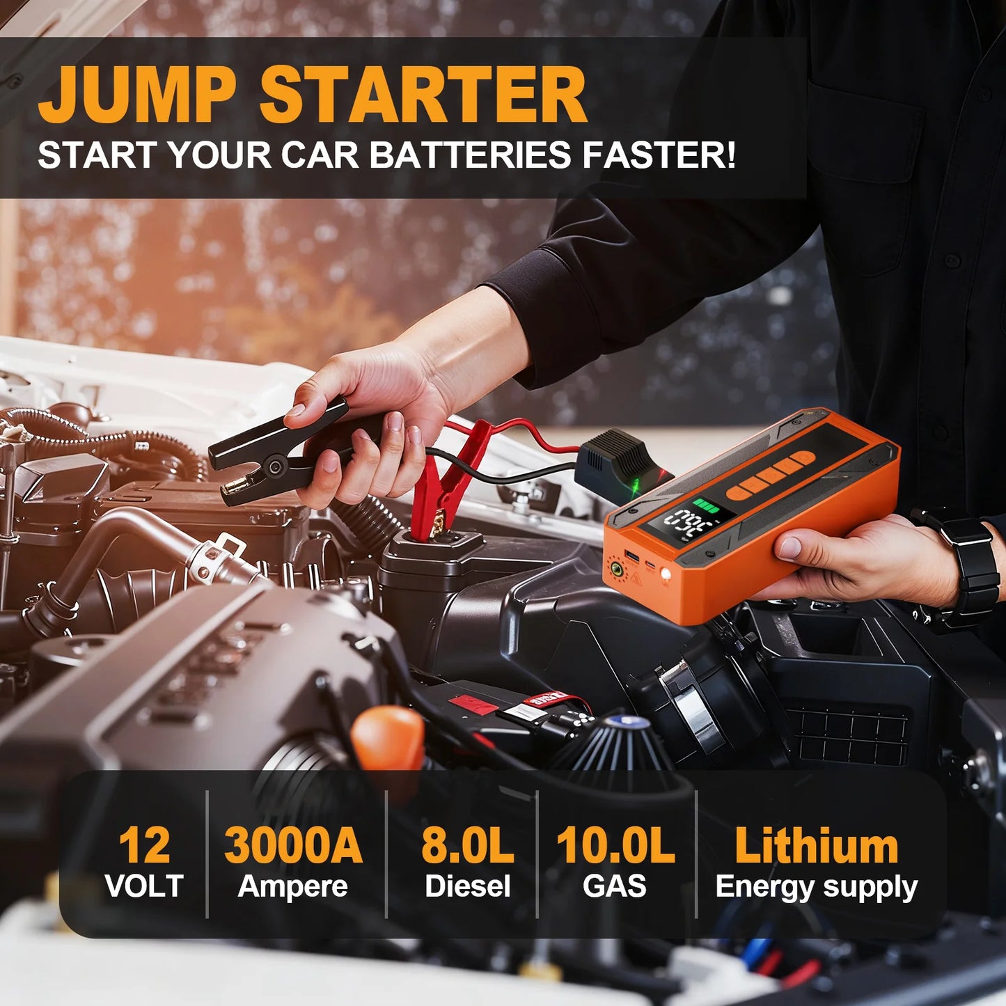 3000A Jump Starter & 150PSI Cordless Air Pump Combo for Car, Motorcycle, Bike, Ball - Portable Power with LED Light