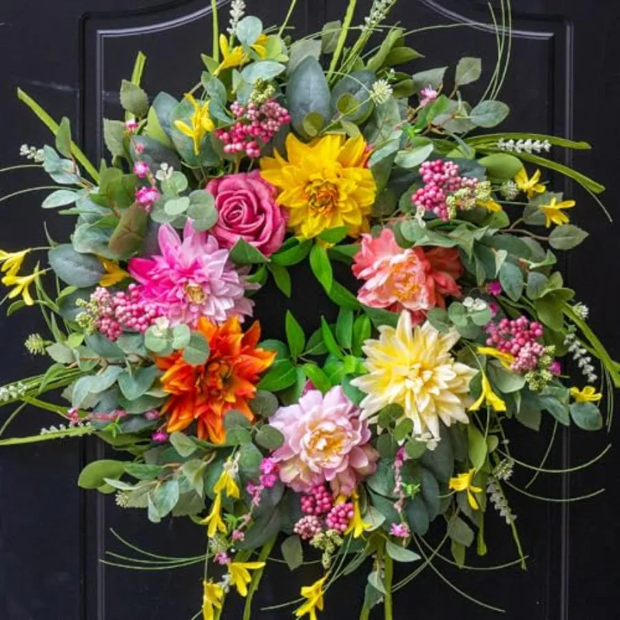 Spring Summer Wreaths for Front Door Outside 24 Inch, Floral Door Wreath with Peony Dahlia Rose, for All Season Easter Indoor O