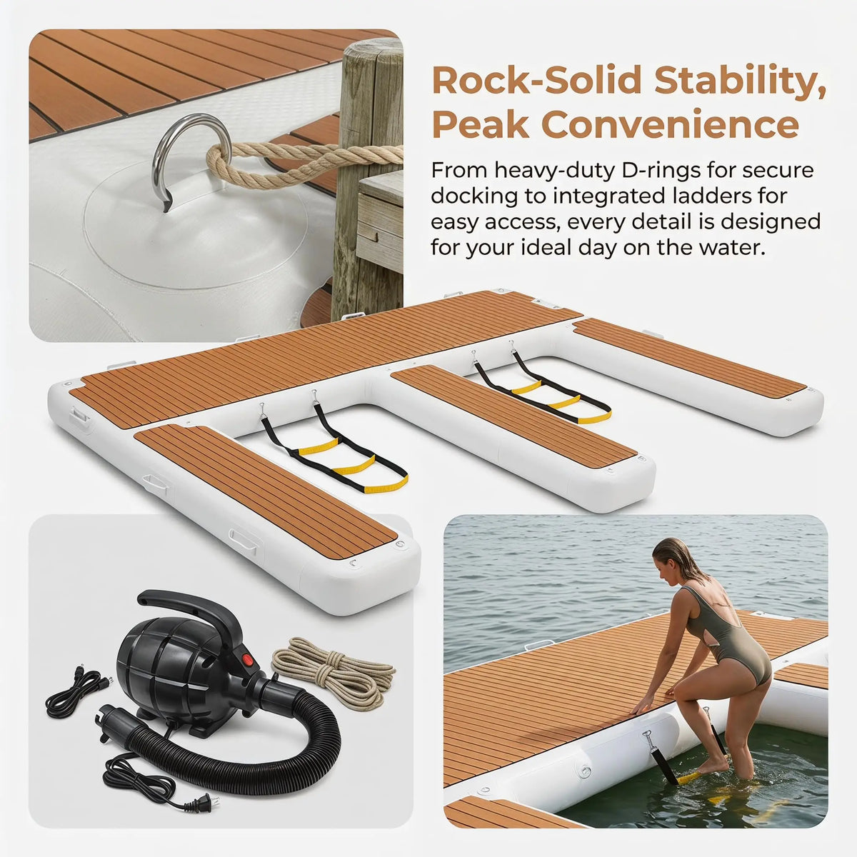 Inflatable Jet Ski Dock 13x10ft, E-Shaped Floating Platform, Thick PVC with Non-Slip EVA Deck for Boat, Ocean & Lake Use