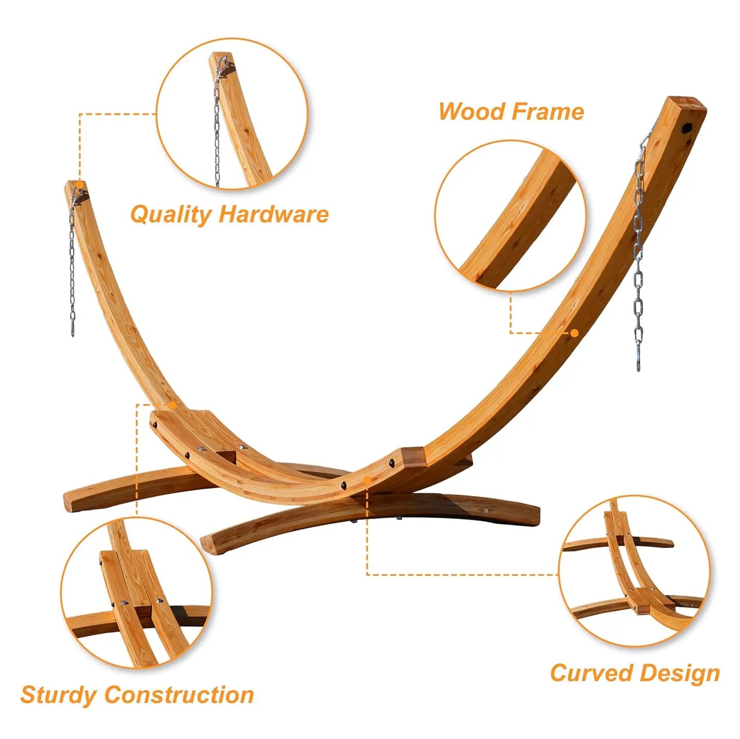 13 FT Outdoor Arc Wood Hammock Stand, 2 Person Hard Pine Wood Hammock Stand with Carabiners and Chains for Outdoor, Customized