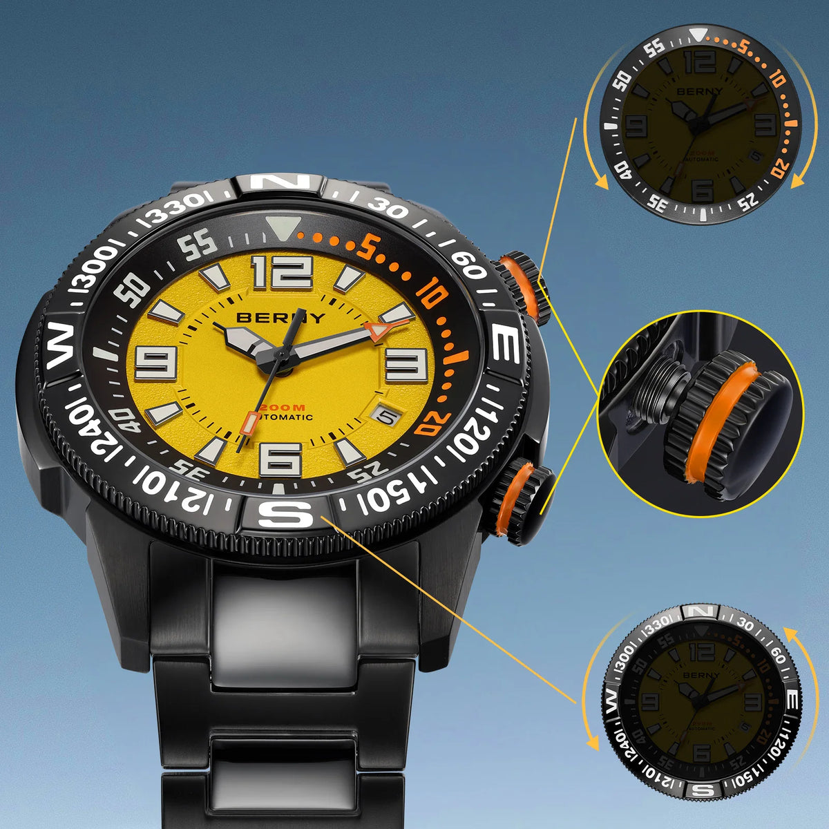 BERNY Automatic Diving Watches for Men 20ATM Super Luminous Mechanical Men's Diver Watch Full S/S Sapphire Swim Dive Wristwatch