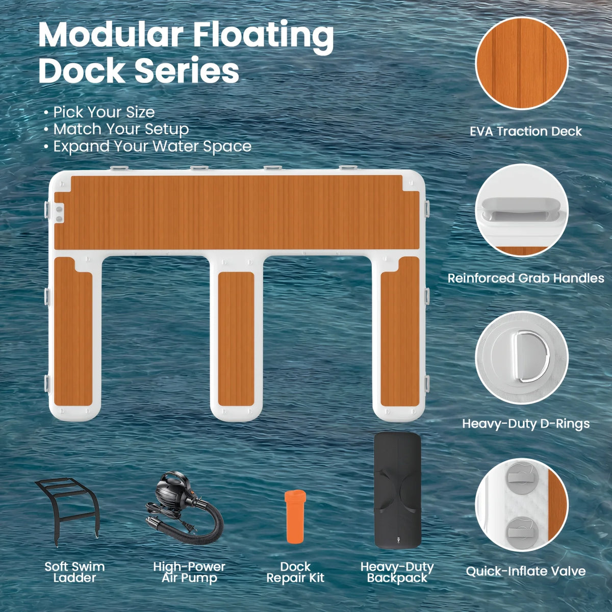 Inflatable Jet Ski Dock 13x10ft, E-Shaped Floating Platform, Thick PVC with Non-Slip EVA Deck for Boat, Ocean & Lake Use