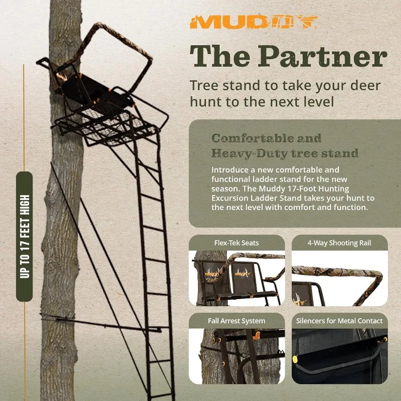 Muddy 2-Person Ladder Tree Stand for Deer Hunting, The Partner, 17' Tall, Black - Adjustable Climbing Treestand with Platform