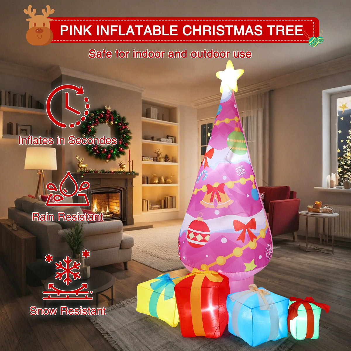 7.1ft Pink Christmas Tree Inflatable Outdoor Yard Decor With Led Lights And 4 Gift Boxes, Blow Up Holiday Decoration For Lawn Garden